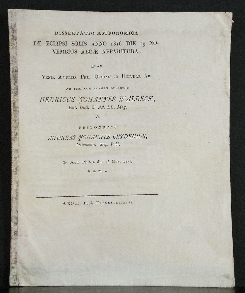 Dissertatio astronomica de eclipsi solis anno 1816 die 19 Novembris Aboae apparitura (1815)