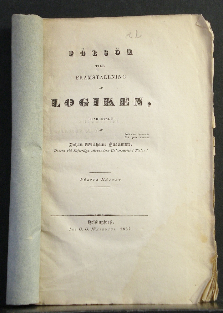 Johan Wilhelm Snellman Försök till framställning af logiken (1837)