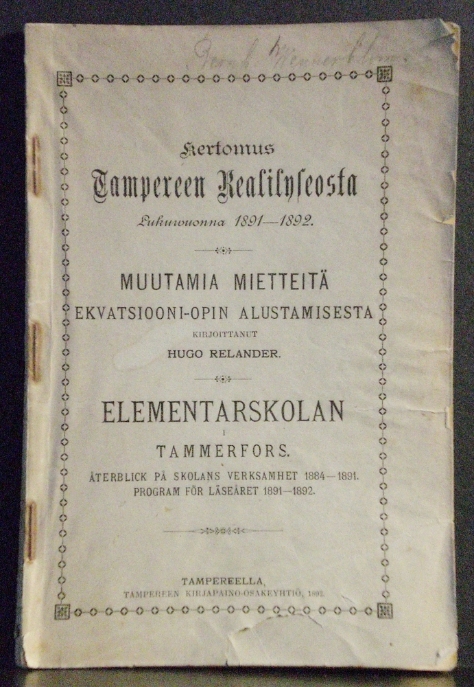 HUGO RELANDER Kertomus Tampereen Realilyseosta lukuvuonna 1891-1892