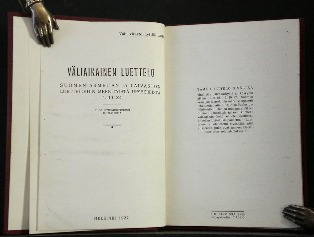 Väliaikainen luettelo Suomen armeijan ja laivaston luetteloihin merkityistä upseereista 1.10.1922