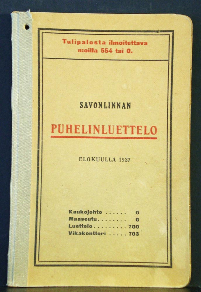 Savonlinnan puhelinluettelo elokuulla 1937