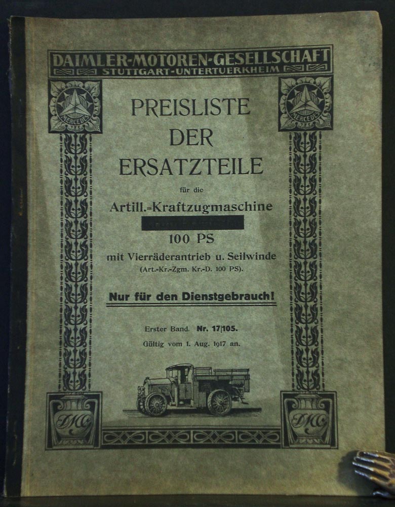 Preisliste der Ersatzteile fur die Artill.-Kraftzugmaschine 100 PS mit Vierräderantrieb u. Seilwinde