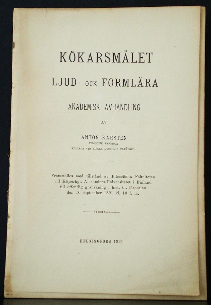 Anton Karsten Kökarsmålet, ljud- och formlära. Akademisk avhandling.