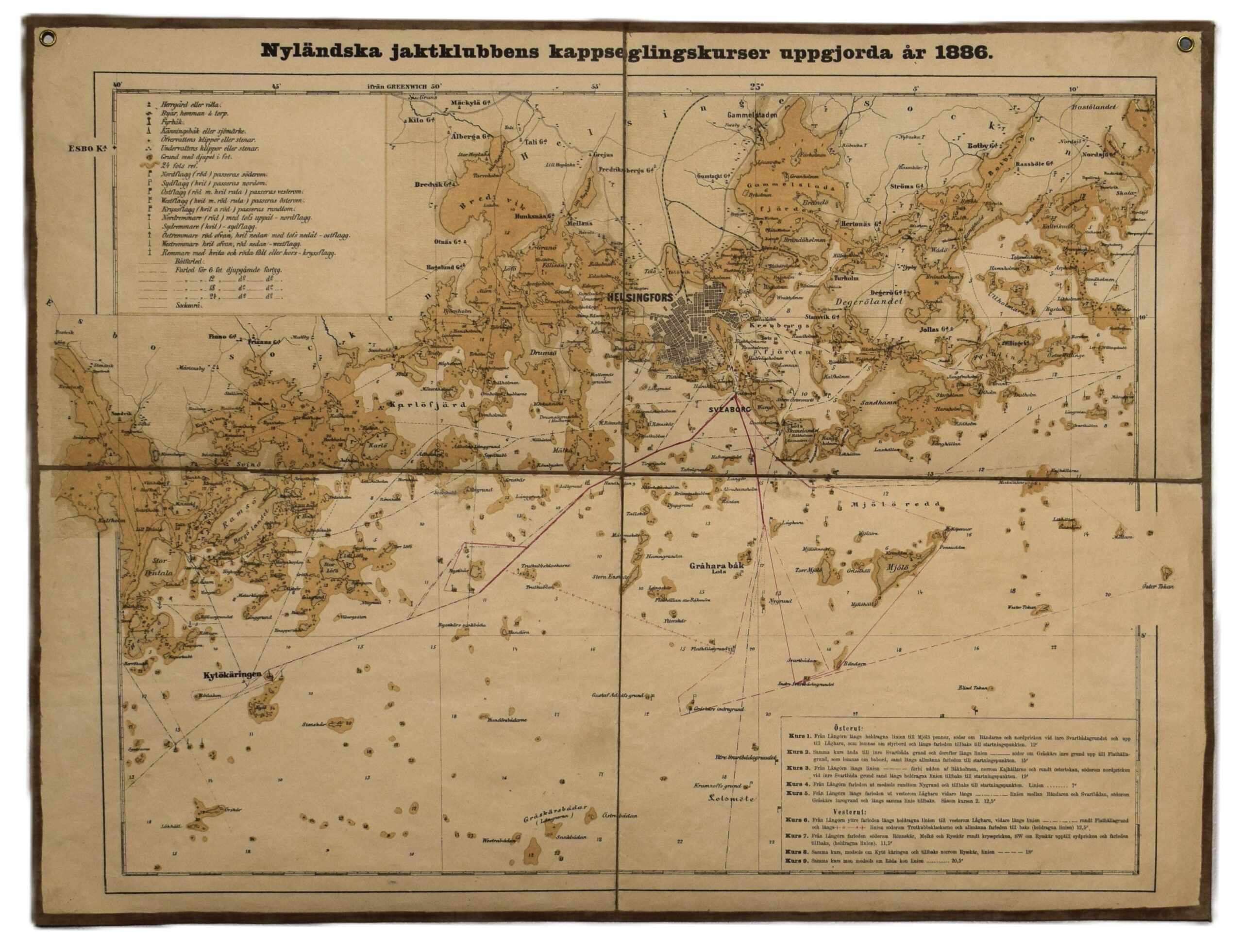 Antique 1886 sea map of Helsinki Archipelago with NJK Sailing Courses. (Kivenlahti – Villinki). Three-toned lithograph. | NJK:n harvinainen merikortti Helsingin saaristosta (Kivenlahti - Villinki) | NJKs sjökort över Helsingfors skärgård (Stensvik - Villinge), 1886.